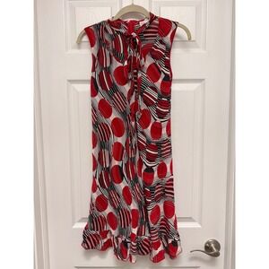 RED Valentino Silk Abstract Geometric Print Tie Neck Ruffle Hem Dress size 38 XS